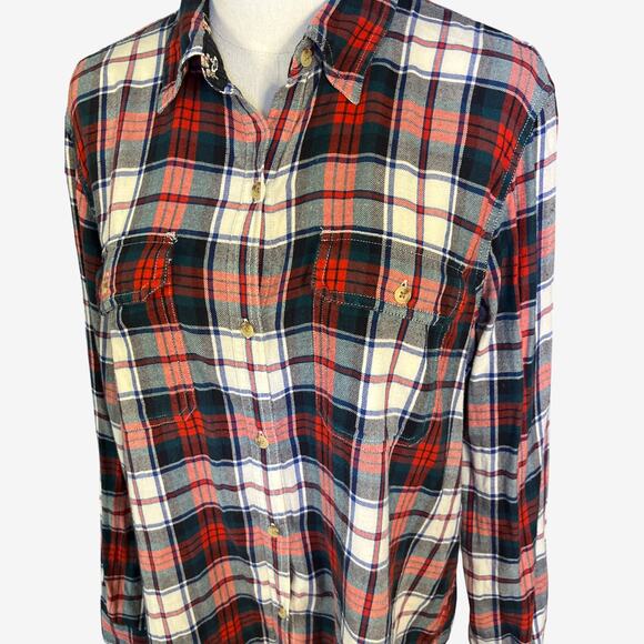 Chaps Denim Red Green White Plaid Flannel Shirt XL Cotton Long Sleeve Holiday - Picture 7 of 8